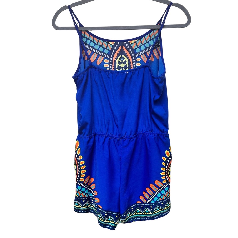 Sweet Wanderer Blue Dashiki Print Romper Boho Spaghetti Strap Womens Medium - Picture 4 of 6